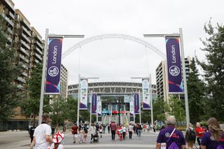 General view outside the stadium prior to the UEFA Women's Euro 2022 final match between England and Germany at Wembley Stadium on July 31, 2022 in London, England.