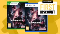 Tekken 8 PS5 and Xbox Series X boxes on a yellow background with first discount badge