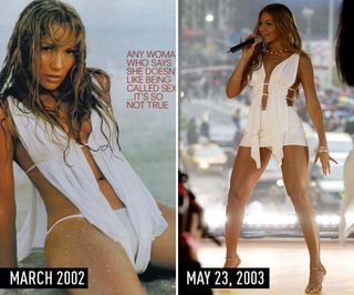 J.Lo (2002) & Beyonce (2003) in drapey white top and soft, beachy waves