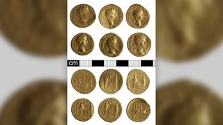 The front and back of gold coins from the ancient Roman empire.