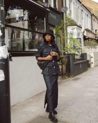 Influencer winter wishlist: @missenocha wears a denim co-ord and chunky boots