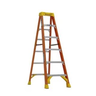 Brown ladder with six steps and yellow rubber feet