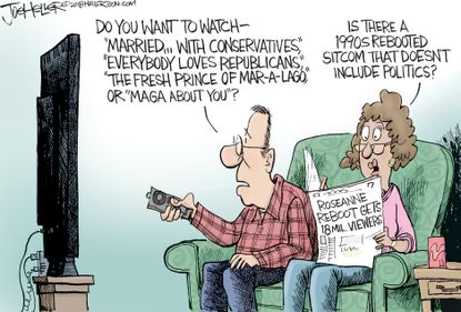 Political cartoon U.S. Roseanne reboot popularity political sitcoms