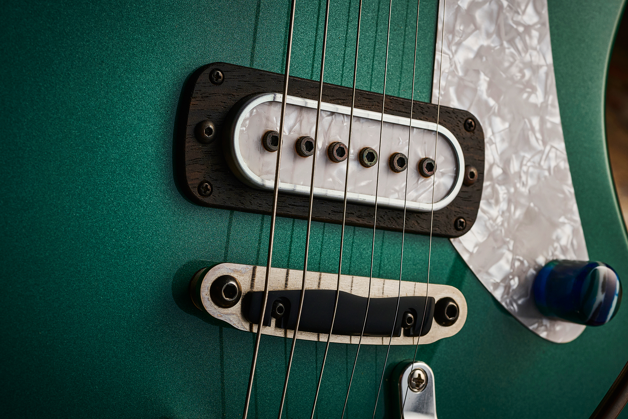 A photo showing a detail of the Powers Electric A-type electric guitar