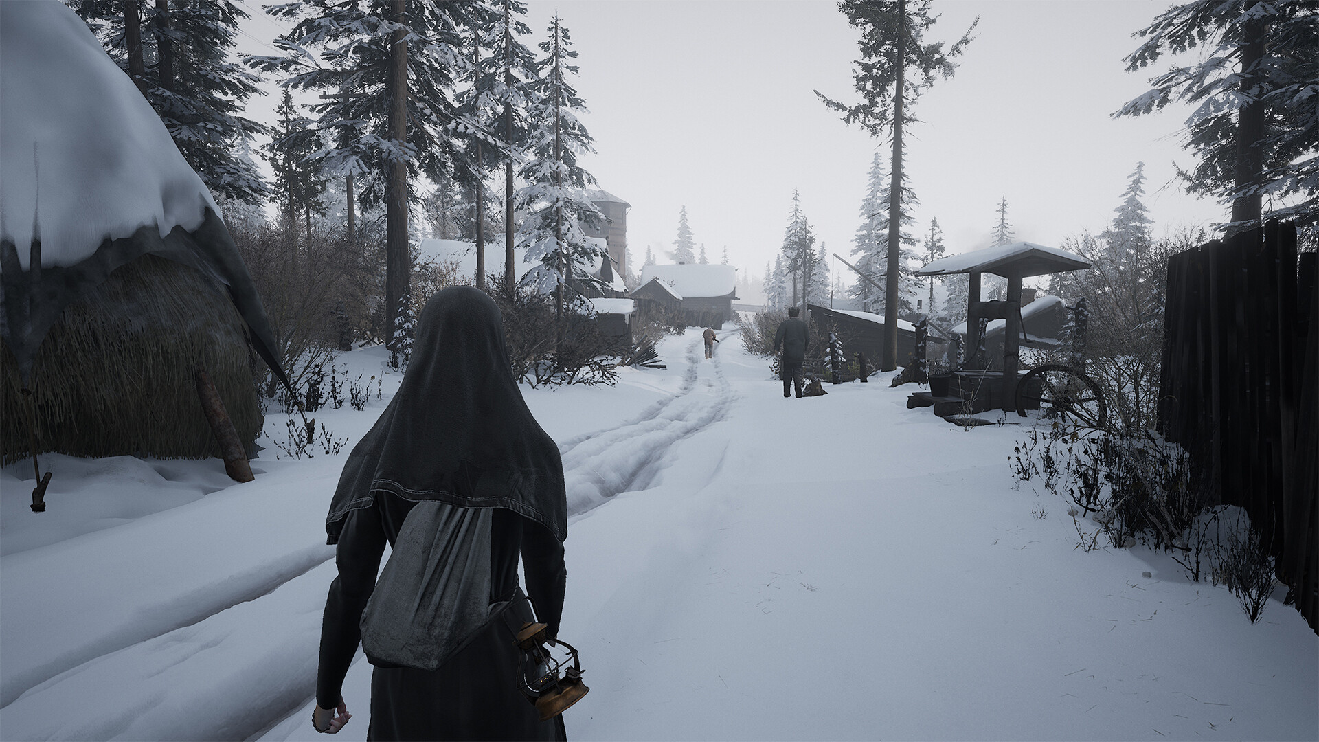 A nun walks across a snowy path