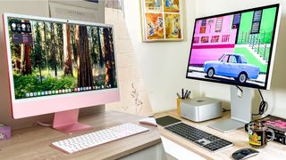 A side by side composite shot showing the iMac M4 and the Studio Display on a desk