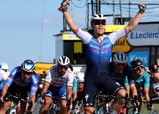 QuickStep Alpha Vinyl Teams Dutch rider Fabio Jakobsen celebrates as he crosses the finish line to win the 2nd stage of the 109th edition of the Tour de France cycling race 2022 km between Roskilde and Nyborg in Denmark on July 2 2022 Photo by Thomas SAMSON AFP Photo by THOMAS SAMSONAFP via Getty Images