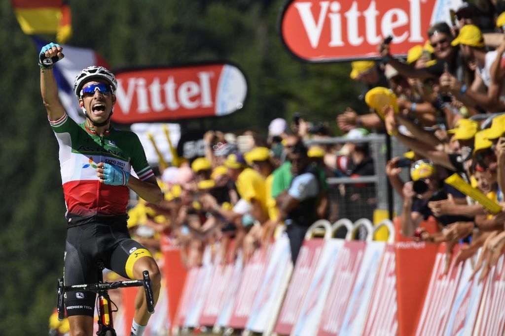 Fabio Aru rolls down the finishing straight to win stage 5 of the Tour de France.