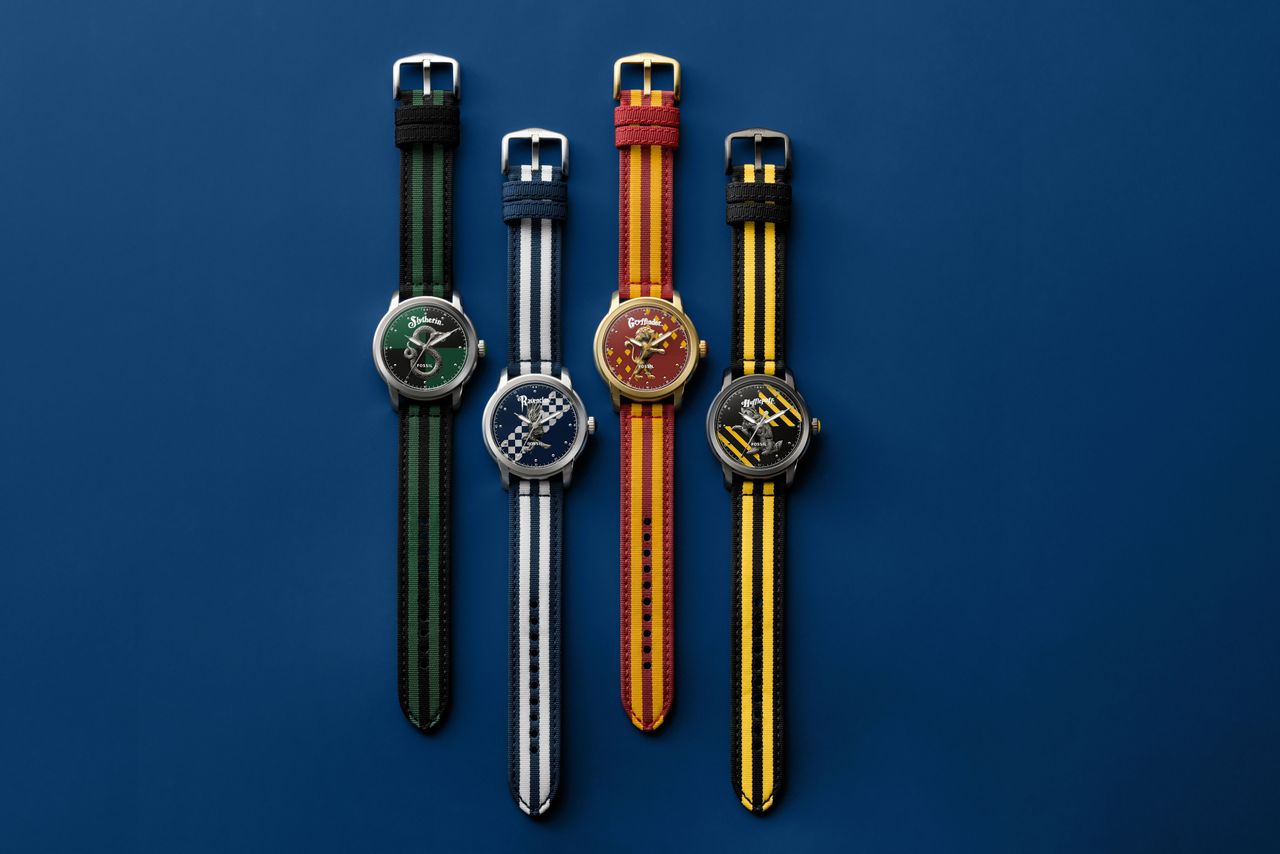 The Harry Potter x Fossil Nylon watch collection, on a blue background