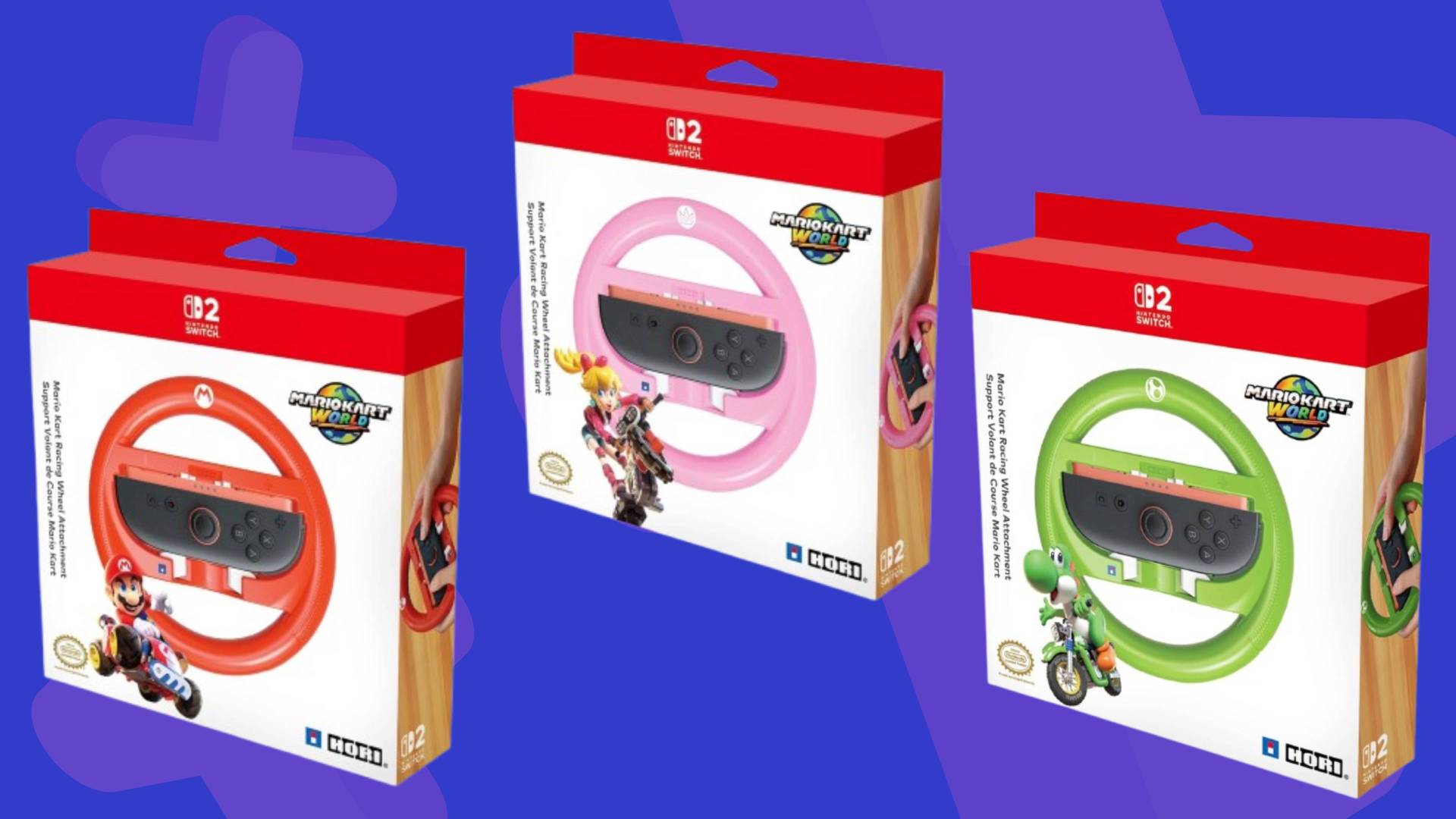 Image of the set of Hori Mario Kart World wheels on a blue GamesRadar+ background.