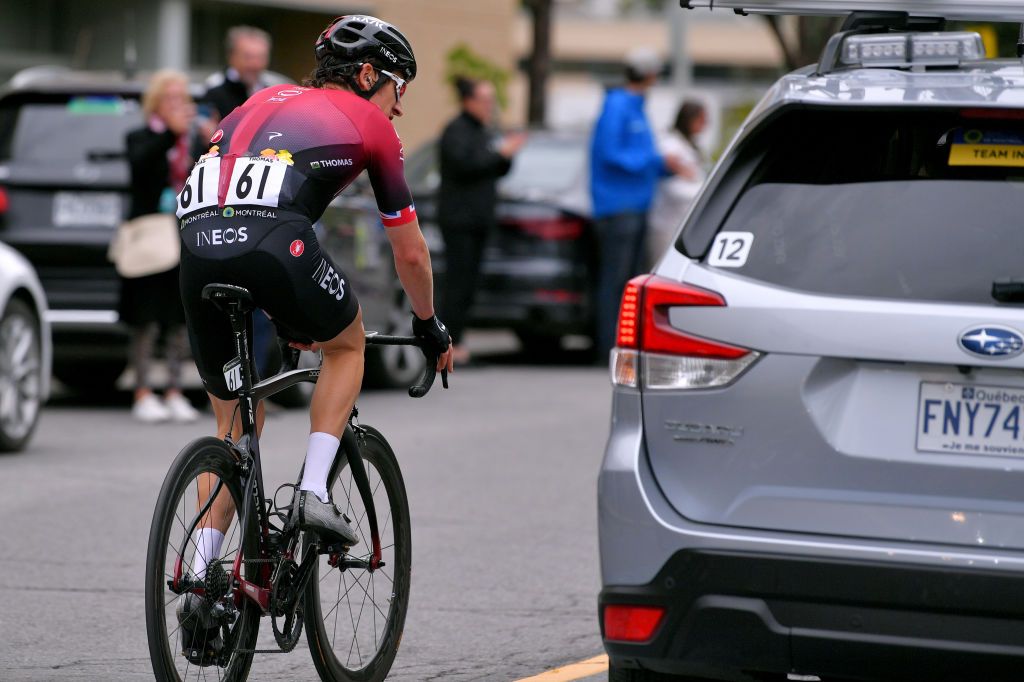 Geraint Thomas back at the team cars in Montreal