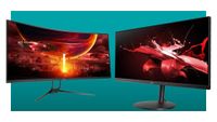 A pair of Acer ultrawide gaming monitors against a teal background, with a white border