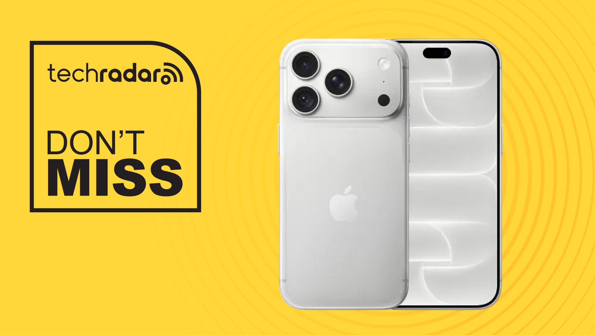 Apple iPhone 18 Pro in white on yellow background with don't miss text overlay