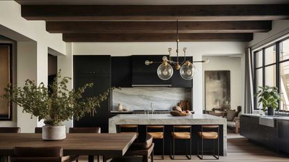 country kitchen with island and dining table