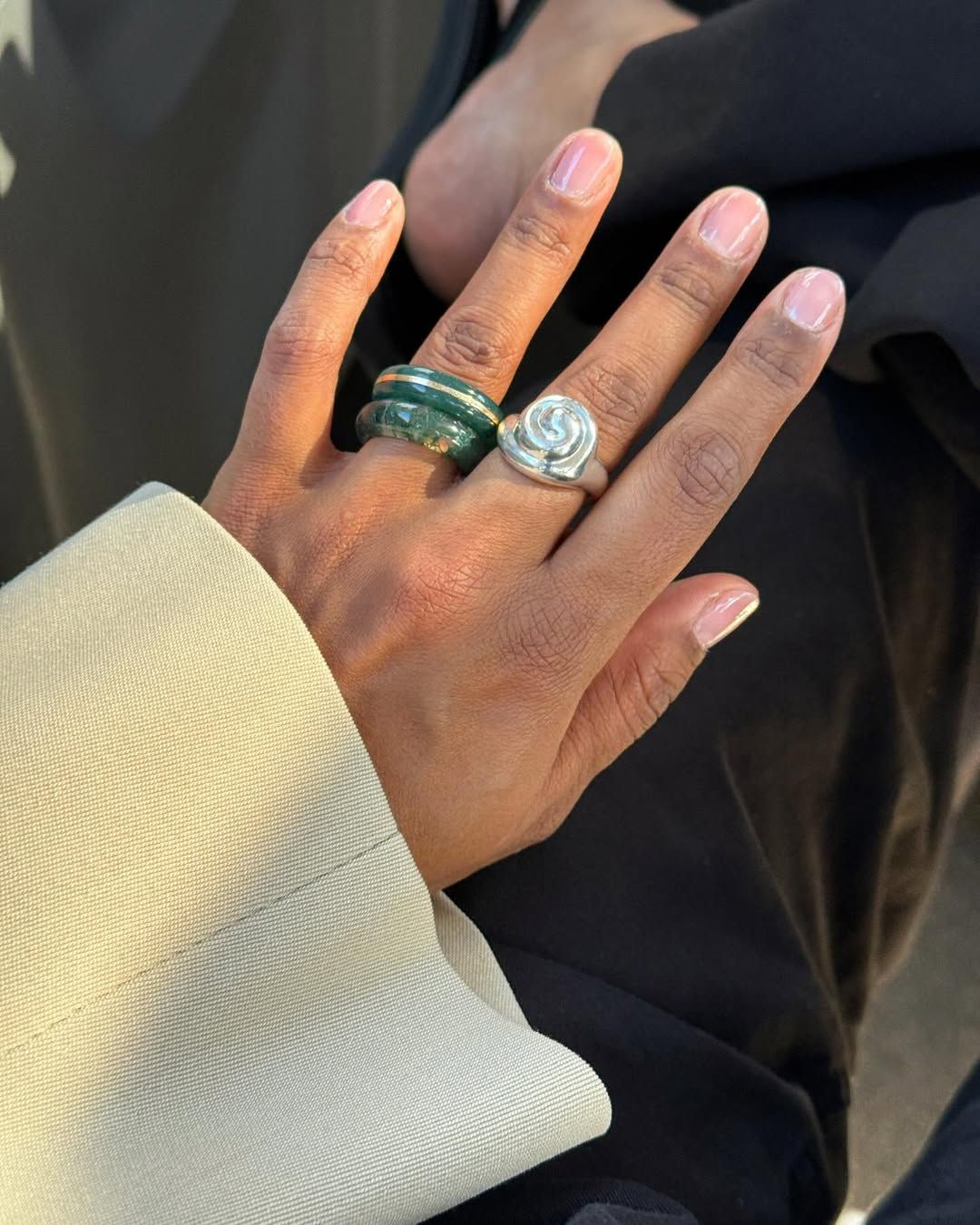 summer accessory trends in Europe: green stacking rings