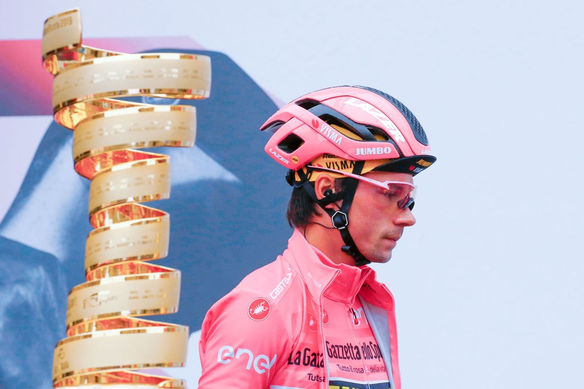 Primoz Roglic in the leader&#039;s jersey at the 2019 Giro d&#039;Italia