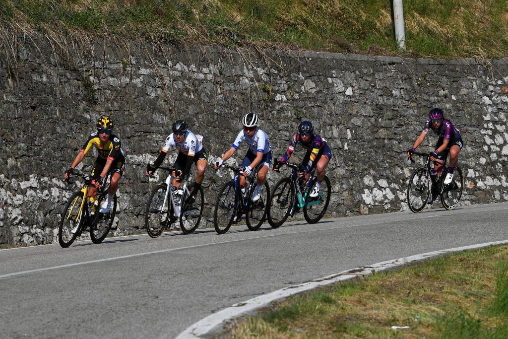 CITTIGLIO ITALY MARCH 21 Soraya Paladin of Italy and Team Liv Racing Katarzyna Niewiadoma of Poland and Team Canyon SRAM Racing Cecilie Uttrup Ludwig of Denmark and Team FDJ Nouvelle Aquitaine Futuroscope Margarita Victoria Garcia Caellas of Spain and Team Ale Btc Ljubljana Marianne Vos of Netherlands and Team Jumbo Visma during the 45th Trofeo Alfredo BindaComune di Cittiglio 2021 Womens Elite a 1418km stage from Cocquio Trevisago to Cittiglio 257m Breakaway TrBinda UCIWWT on March 21 2021 in Cittiglio Italy Photo by Tim de WaeleGetty Images