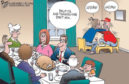 Political cartoon U.S. Thanksgiving liberals conservatives MAGA Trump discourse argument