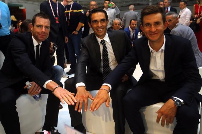 Cadel Evans, Alberto Contador and Michal Kwiatkowski at the 2015 Giro d'Italia route presentation