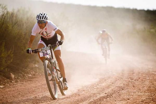 Christoph Sauser of Team 36One-Songo.info leads the chase group down Rooiberg Pass
