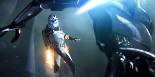 stormtrooper flies into battle Battlefront 2