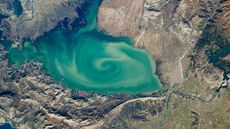 A satellite photo of a lake with a massive green swirl on its sruface