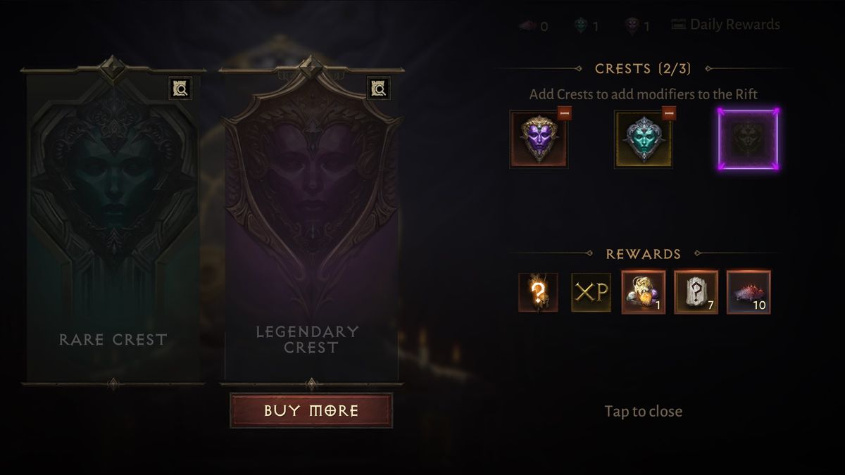 Diablo Immortal crest selection for gem rewards