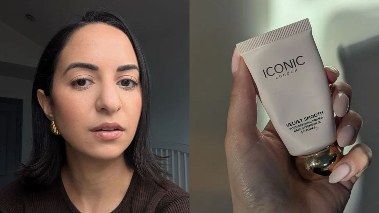 Jazzria Harris wearing the Iconic London Velvet Smooth Pore Refining Primer and holding a tube of it