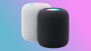 Apple HomePod 2 in white and black on a colored background