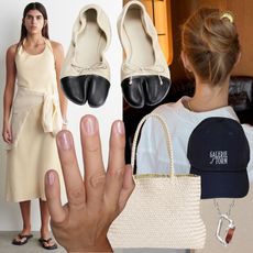 fashion collage with photos of fashion editor favorites including a COS butter-yellow linen dress, Christen Tabi cap-toe flats, a manicured hand wearing Ruth shimmery white nail polish in Bride, Lié Studio gold Frida hair pin, Madewell ivory woven tote bag, Galerie Storm baseball cap, and a Simuero Octubre handmade recycled 925 sterling silver necklace with a natural Tourmaline gem