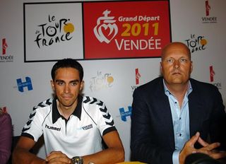 Alberto Contador and Bjarne Riis talk to the media at their pre-Tour press conference.