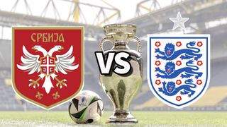 The Serbia and England club badges on top of a photo of the Euro 2024 trophy and match ball