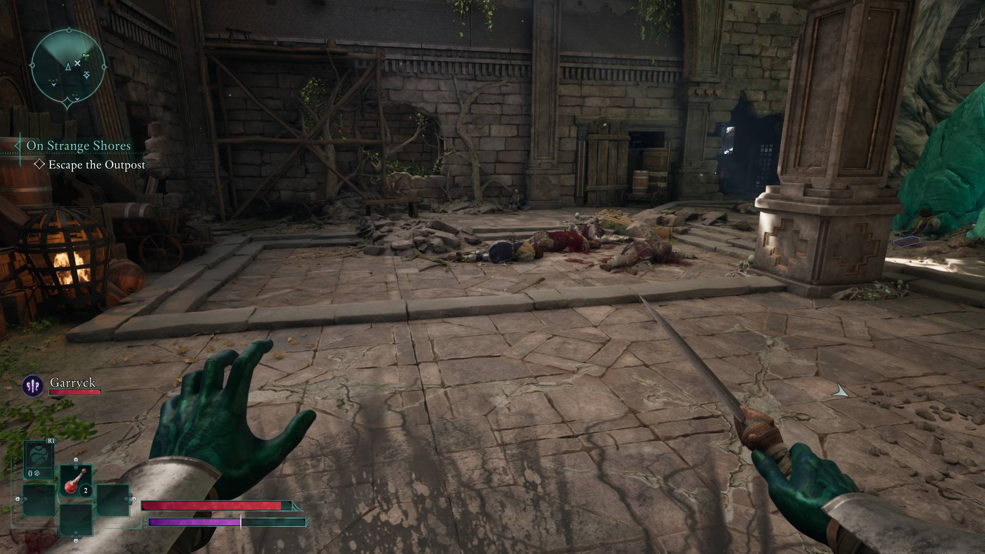 In Avowed from a first-person perspective, you can see the blue hands of the aumaua Envoy who wields a wand in his right hand