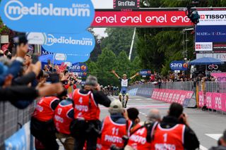 CANALE ITALY MAY 10 Taco Van Der Hoorn of Netherlands and Team Intermarch Wanty Gobert Matriaux celebrates at arrival during the 104th Giro dItalia 2021 Stage 3 a 190km stage from Biella to Canale Press Media Landscape girodiitalia Giro on May 10 2021 in Canale Italy Photo by Tim de WaeleGetty Images