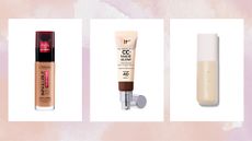 Collage of three of the best foundations with SPF featured in this guide from L'Oreal Paris, IT Cosmetics and Rare Beauty