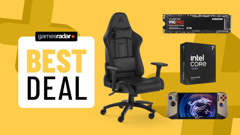 Gaming components, chair, and handheld on a yellow background with best deal badge