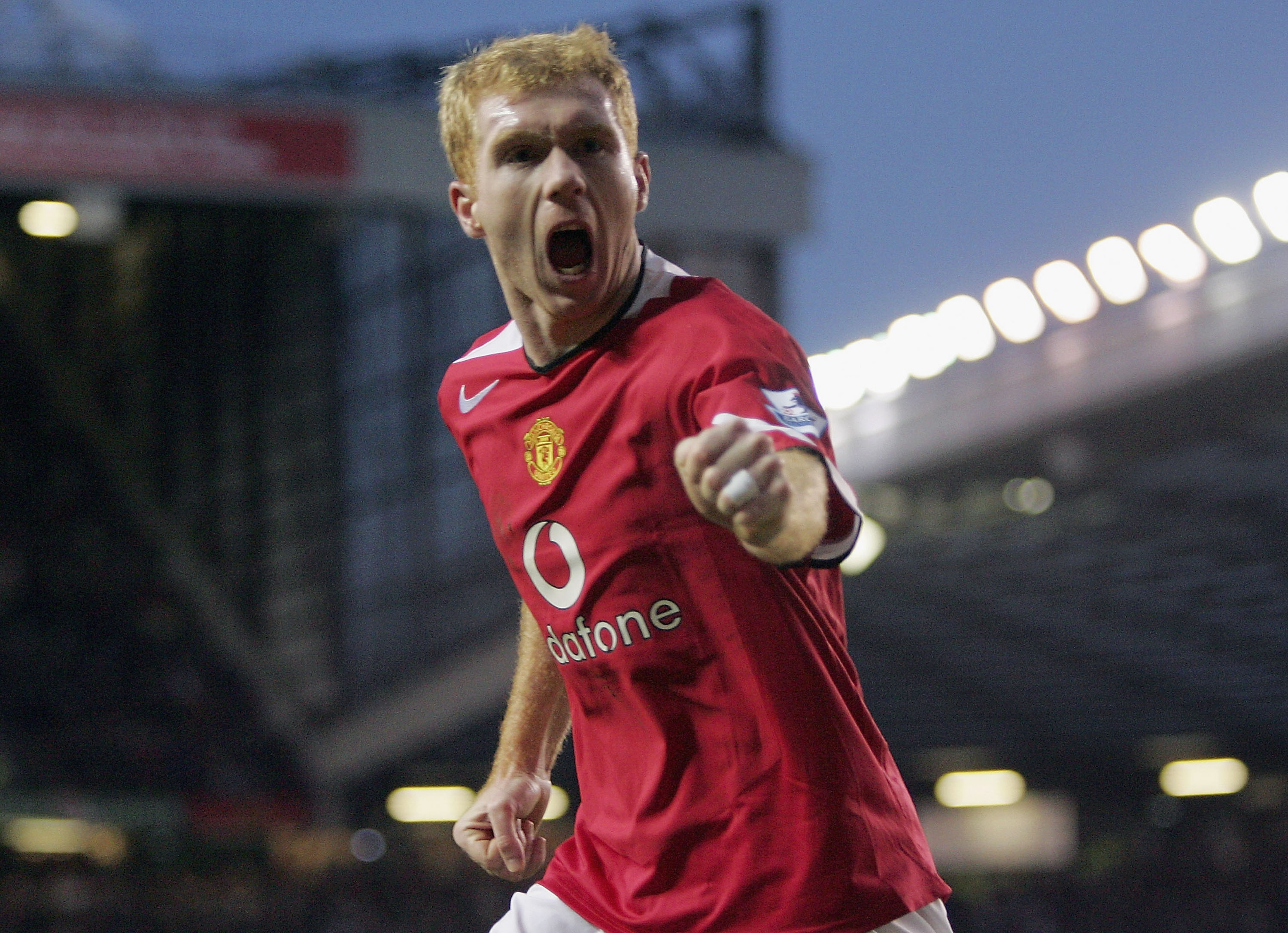 Paul Scholes celebrates a goal for Manchester United against Aston Villa in January 2005.