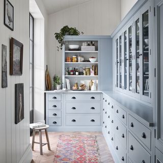 blue kitchen cabinetry pantry style area, wooden floor, vintage rug, shiplap walls and ceiling, stool