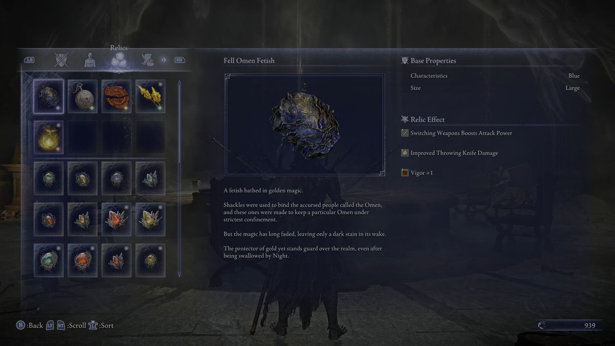 Inventory screen showing stats and description of Fell Omen Fetish in Elden Ring Nightreign