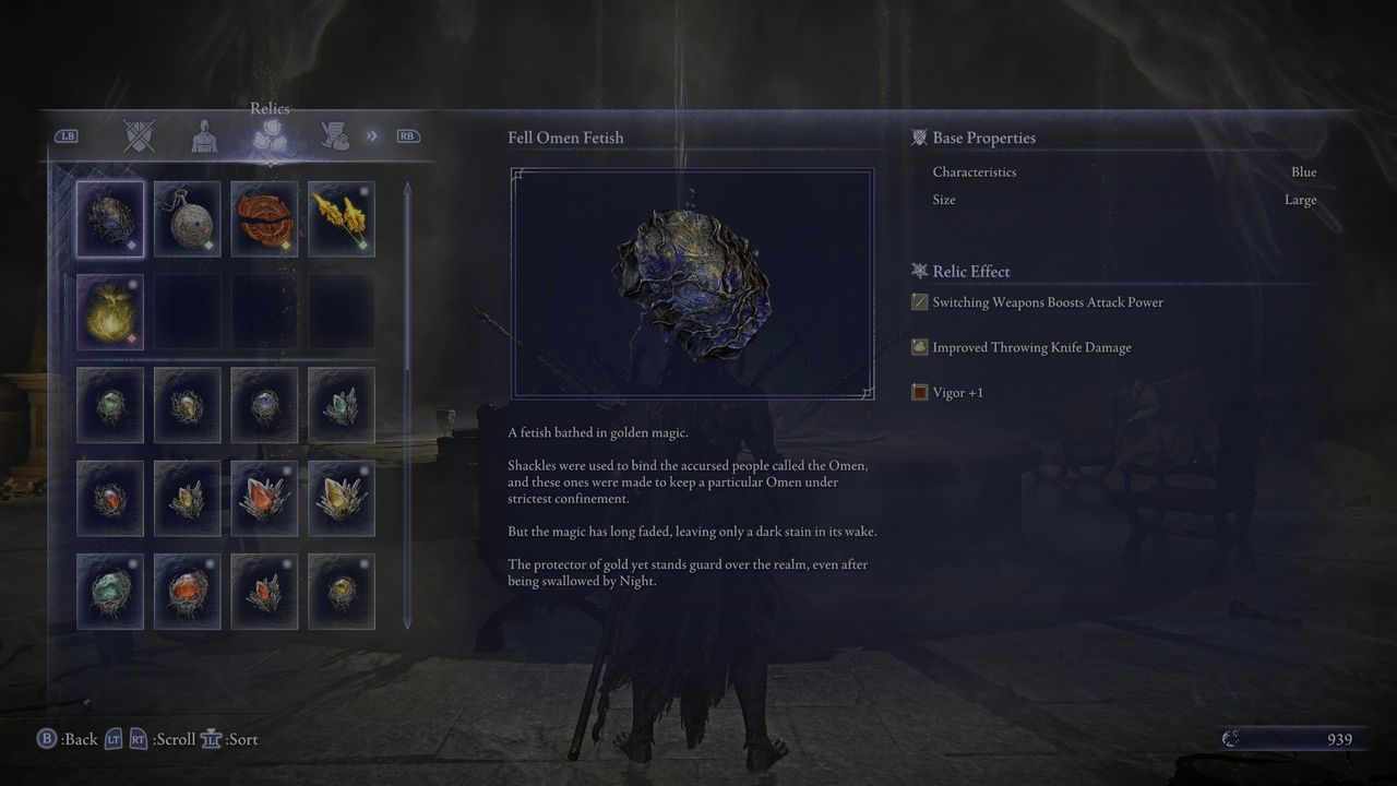 Inventory screen showing stats and description of Fell Omen Fetish in Elden Ring Nightreign