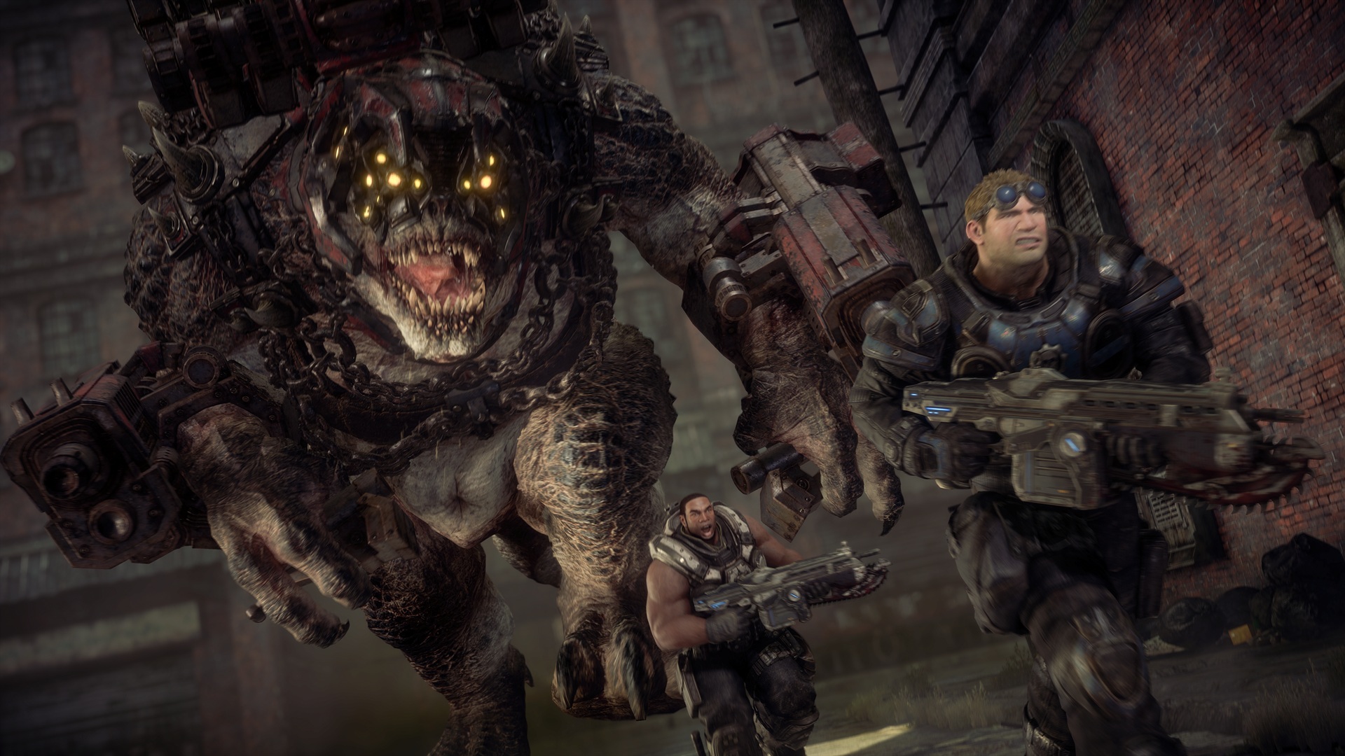 A Brumak monster chasing two members of Delta Squad in Gears of War: Reloaded