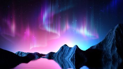 Capricorn season 2022: 3d render, abstract panoramic background. Seascape with cliffs under the pink blue night gradient sky with northern lights, fantasy scenery wallpaper with Aurora Borealis.