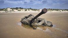 Wreck of a tank on a beach on the Kinmen Islands, Taiwan