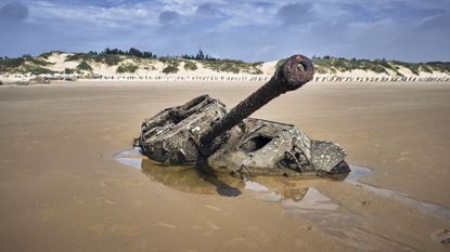 Wreck of a tank on a beach on the Kinmen Islands, Taiwan