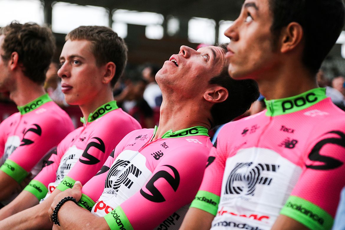 Rigoberto Uran (Education First-Drapac) scans the heavens at the Colombia Oro y Paz presentation.