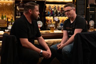 Vinny and Aaron chat in the Woolpack in Emmerdale 