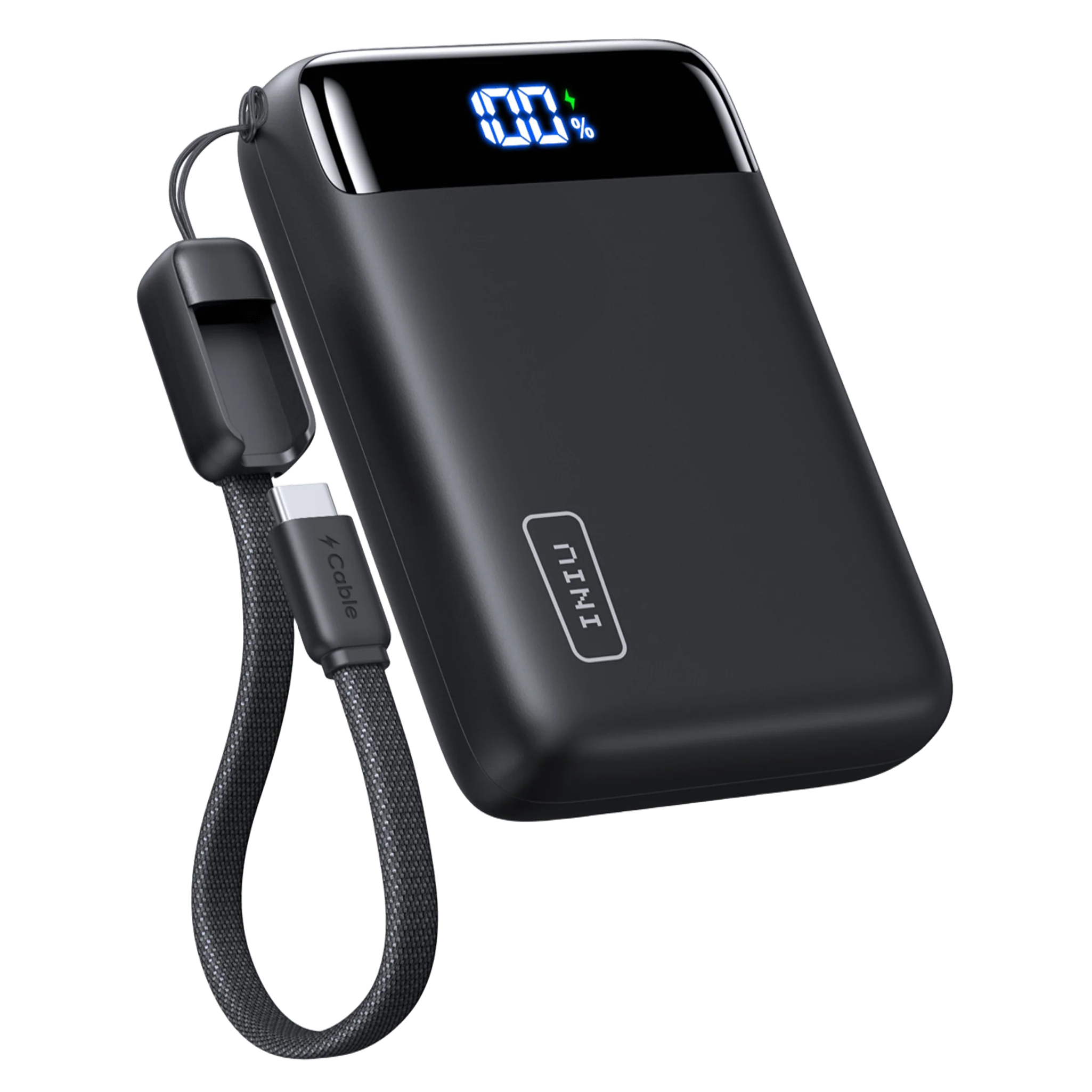 Iniu P50-E1 power bank showing integrated carry strap charge cable