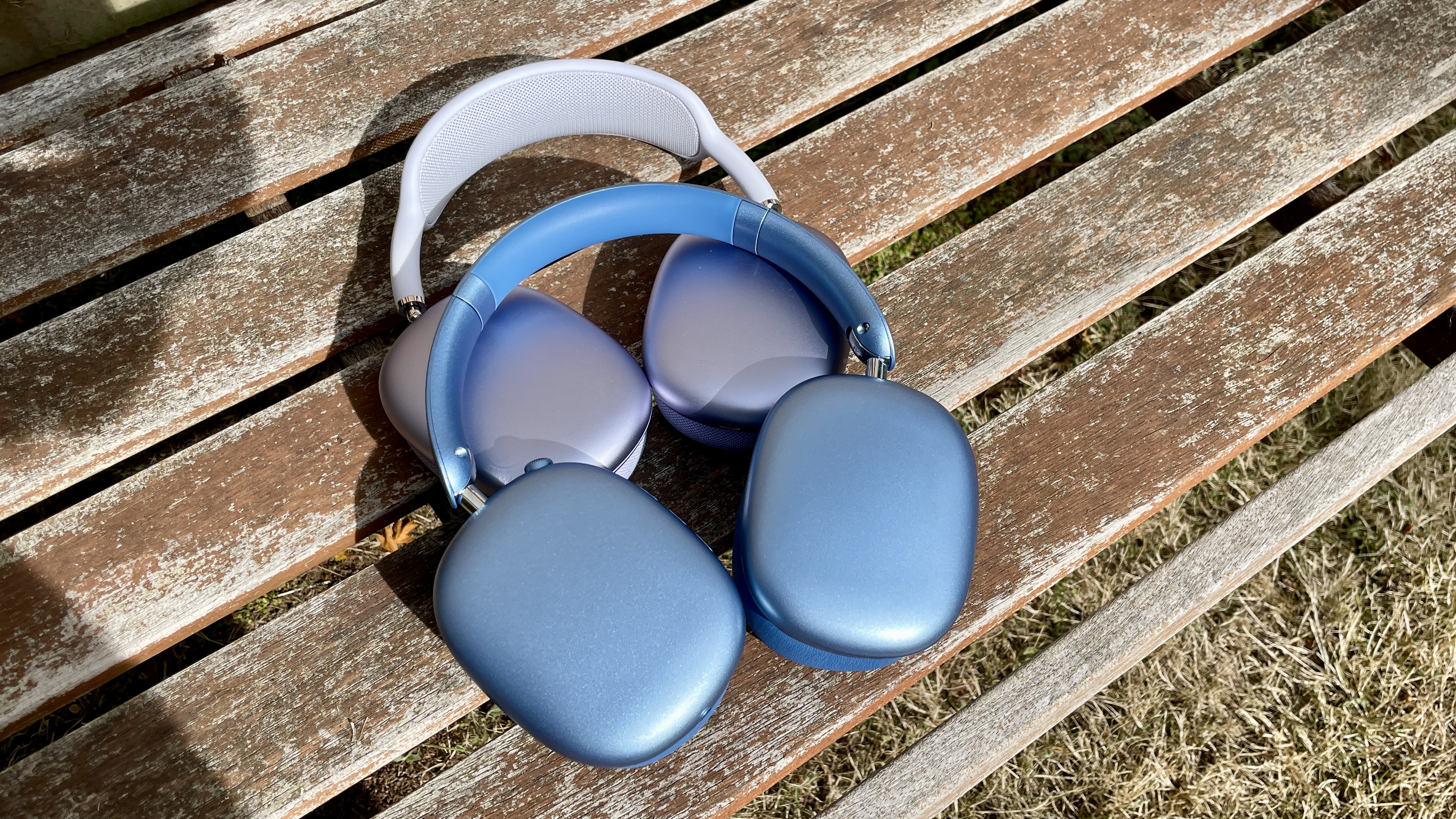 Wentronic YO1 (AirPods Max dupe) headphones in blue with AirPods Max nearby to compare and contrast their looks, outside on a sunny day