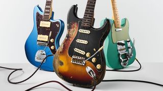 Fender Custom Shop Stratocaster, Jazzmaster and Telecaster on white background
