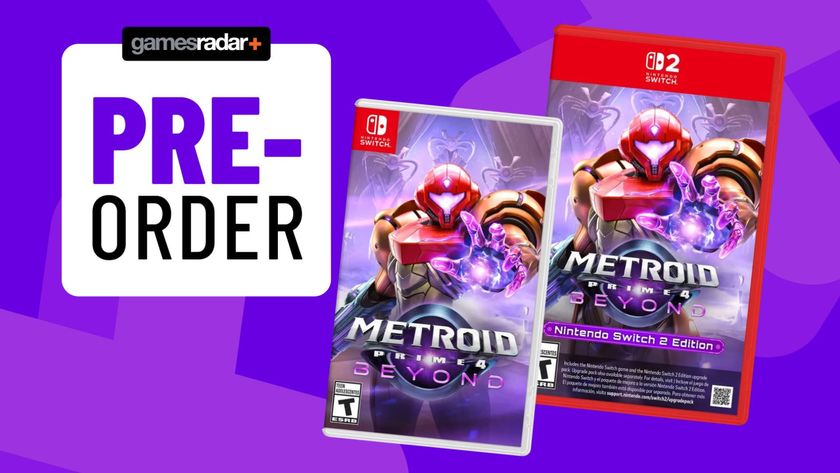 Image of the original Switch an Switch box art for Metroid Prime 4 Beyond sitting on a light purple GamesRadar+ background.